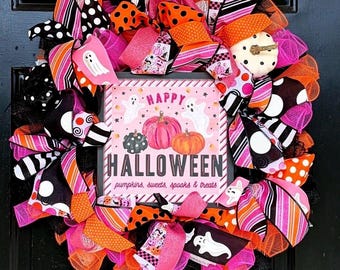 Black Pink Pumpkins Happy Halloween Wreath, Ghost ,Front door Halloween wreath, Happy Halloween Wreath, pink ghost wreath