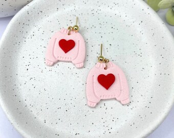 Jumper earrings, love heart earrings, pink and red heart earrings, best friend gift, sister gift, quirky earrings