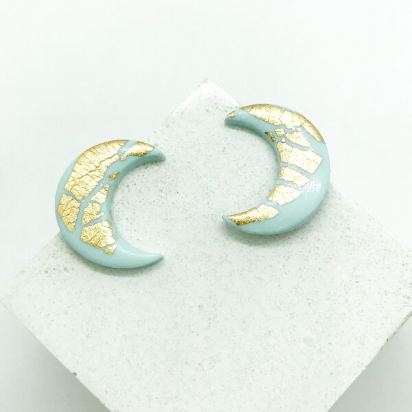 Stunning handmade green and gold polymer clay moon earrings, perfect gift for sister friend or mum