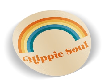 May include: A round sticker with a rainbow design and the text "Hippie Soul" in a retro font.