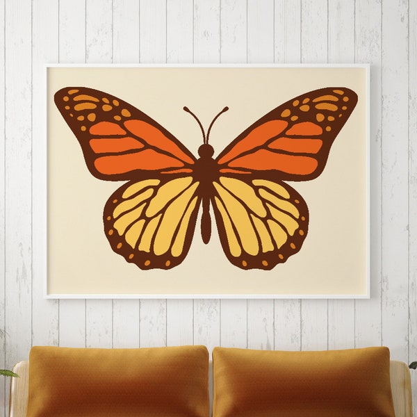 Orange and Yellow Butterfly Print,Mid Century Art,Printable Wall Art,Retro Print,Retro Wall Art,70's home decor,70's wall art,70's print,