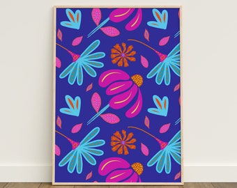 Hippie Flowers Print,70's Wall Art,70's decor,Hippie Art,Printable Wall Art,Downloadable Art,Retro Print,Retro decor,hot pink and purple