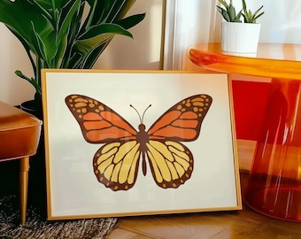 Butterfly Art Print, 70s Retro Decor, Orange and Yellow (Print Only)