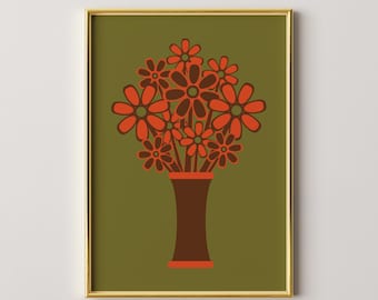 70s Retro Orange Flowers Print, Brown Vase Wall Art