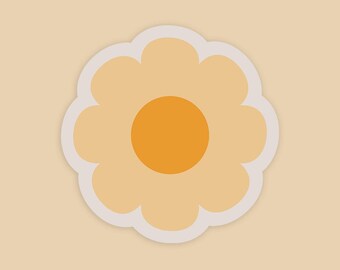May include: A simple, stylized flower sticker with a light orange center and petals in a similar hue, outlined in white. The sticker is set against a soft, beige background, creating a clean and cheerful aesthetic. Ideal for decorating notebooks, laptops, or other items.