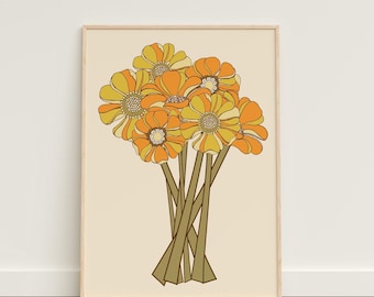 70s Retro Floral Bouquet Print, Hippie Home Decor