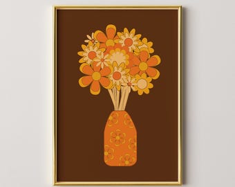 Retro Orange Floral Bouquet Print, 70s Inspired Wall Art