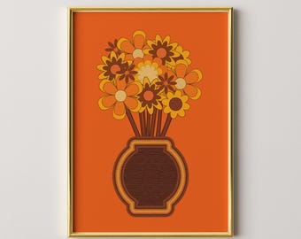 Retro Orange Floral Bouquet Print, 70s Inspired Wall Art