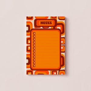 May include: A rectangular notepad featuring a retro-inspired pattern of orange, red, and cream rounded squares. The center contains a lined checklist area with a header box displaying the word NOTES in bold, dark brown, blocky lettering.