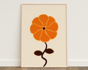 Orange Flower Wall Art Print, Retro 70s Decor