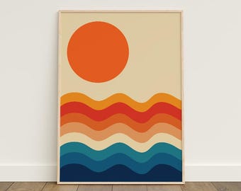 Retro Sun and Waves Art Print, 70s Style (Unframed)