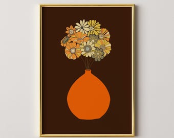 Orange Vase Giclee Print, Retro 70s Floral Art (Unframed)