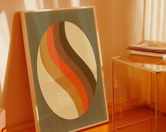 Mid Century Modern Oval Print, Abstract Geometric Retro Wall Art