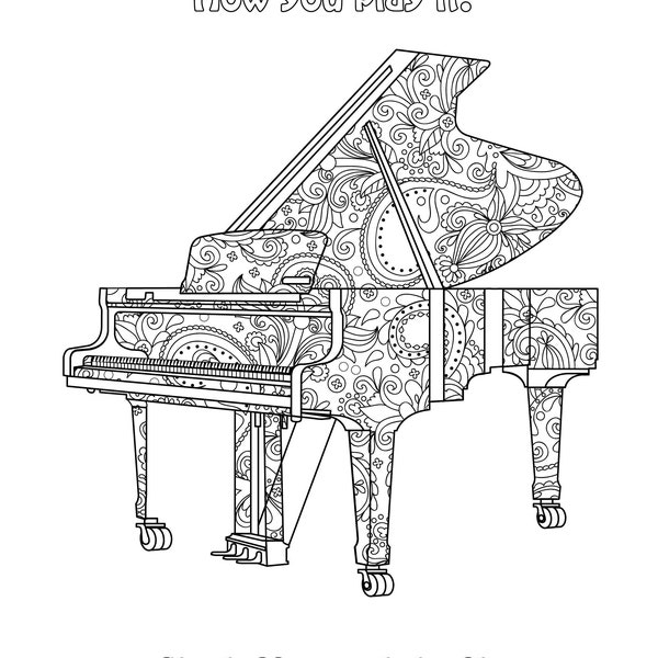 Beautiful Paisley Piano with Quote - JPG Coloring Page