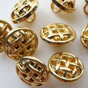 Vintage buttons / buttons - 15 mm, 10 pieces, 80s gold buttons weaving pattern, plastic