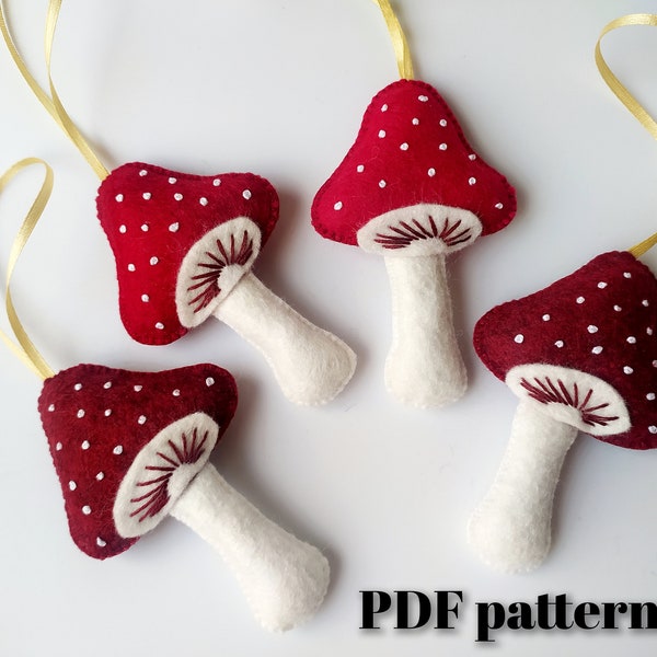 Felt mushrooms ornament PDF toadstool pattern for Hand Sewing DIGITAL Instant Download Christmas Decorations pdf tutorial plush pattern