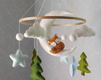 Baby mobile crib mobile nursery mobile gift newborn Fox on the moon musical mobile woodland nursery decor felt mobile