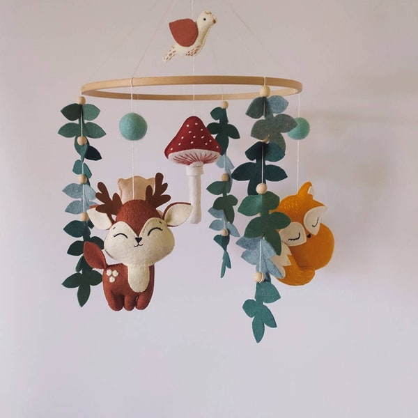 Woodland baby mobile nursery decor musical baby mobile forest mobile deer owl fox mushroom mobile cot crib mobile bebe