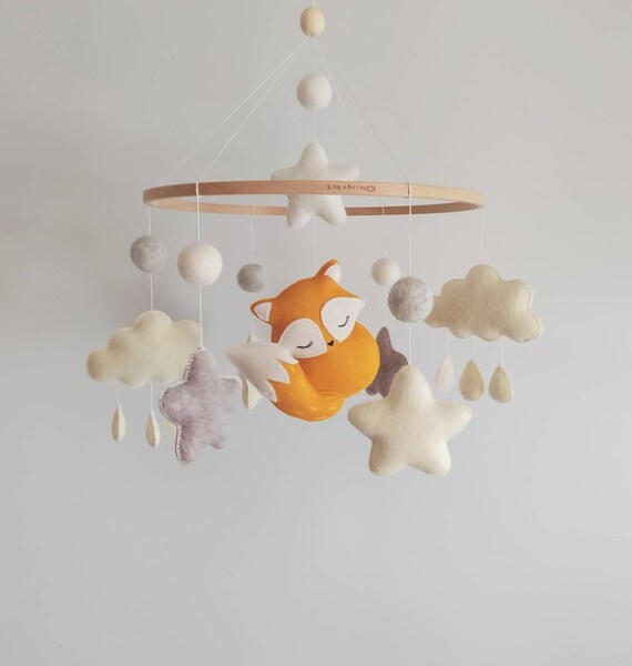 Renard Creche Decor Bebe Musical Mobile Feutre Gris Etoile Etsy France