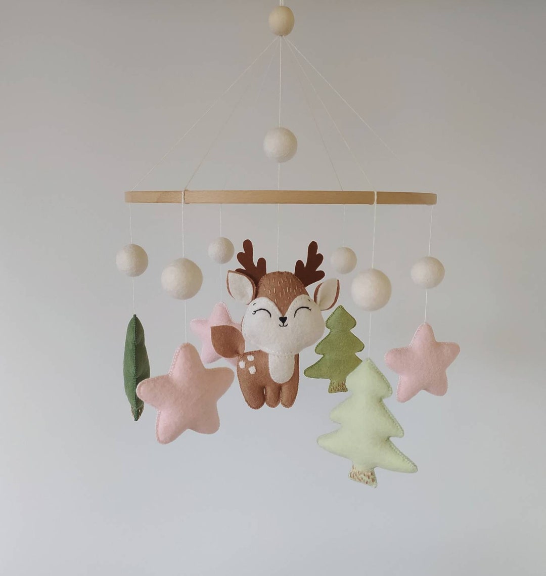 Baby Mobile Crib Nursery Mobile Deer Felt Pink Star Mobile Trees Mobile