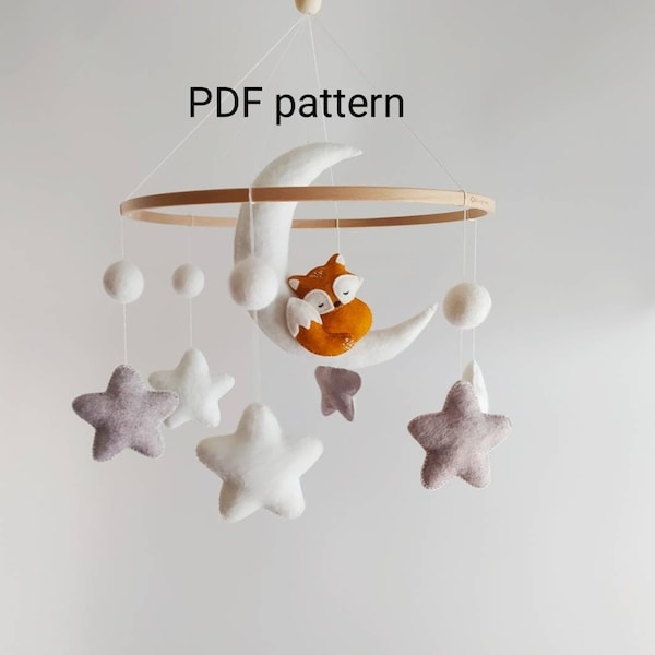 Nursery mobile, gift newborn crib mobile baby mobile fox on the moon mobile pattern felt pattern handmade gift