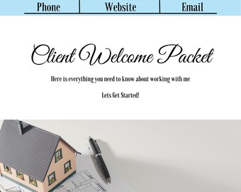 Könnte beinhalten: Ein Kunden-Willkommenspaket mit dem Text "Your Name" oben, gefolgt von Kontaktinformationen. Das Paket enthält ein Miniaturhaus, Blaupausen, einen Stift, ein Lineal und einen Taschenrechner. Der Text "Client Welcome Packet" ist deutlich sichtbar.