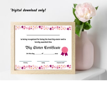 Big Sister Certificate, Big Sister PDF, Gift from Baby, Big Sibling Gift, Celebration award, Digital Download