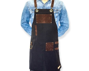 Black Cross Back Apron with Faux-Suede Pockets