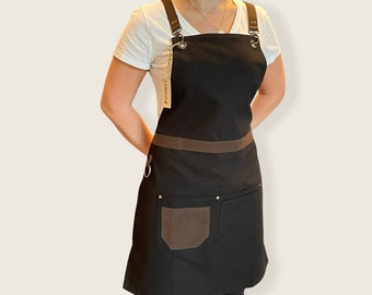 Black Canvas Apron with Faux Suede Straps: Unisex Utility Apron