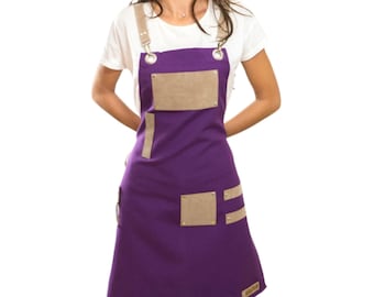 Purple Cross Back Apron with Pockets: Adjustable Kitchen Apron