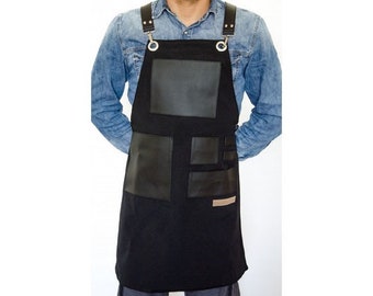 Utility Apron with Extra Wide Pocket, Unisex, Black Canvas, Soft Faux Leather with Strap.