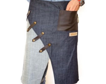 Denim Bistro Apron: Short Work Apron with Faux Leather Pocket