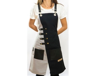 Two-Tone Bib Apron: Adjustable Unisex Work Apron with Pockets