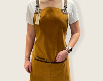Apricot Faux Suede Utility Apron: Cross Back Straps, Multi-Pocket