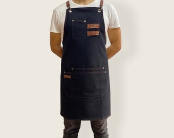 Black Denim Apron: Adjustable Faux Leather Straps, Wide Pockets