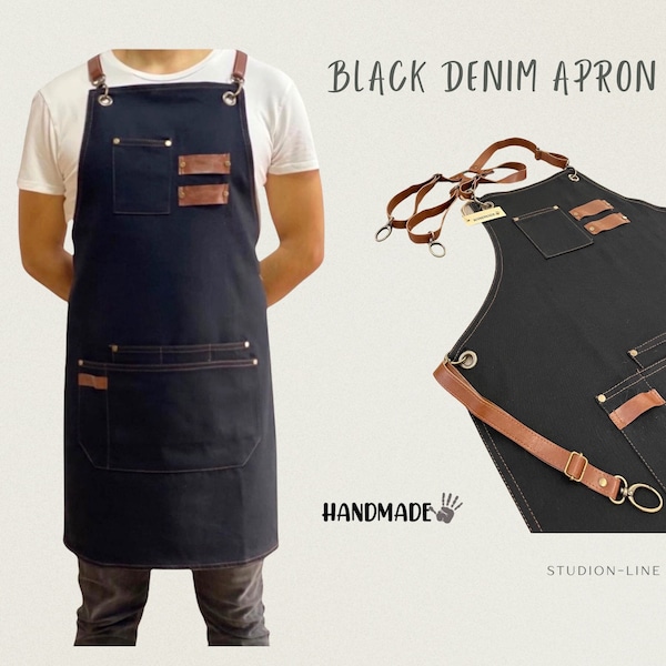 Black Jean Denim Black Jean Denim Apron with Wide Pockets, Adjustable Straps Apron For Women and Men, The Best Gift Idea for Loved Ones