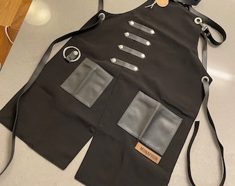 Black Cotton Canvas Work Apron, Adjustable Straps, Unisex