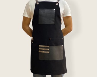 Black Cotton Canvas Work Apron: Faux Leather Straps & Pockets