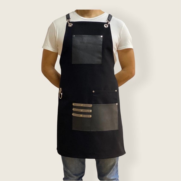 Grembiule da lavoro in tela di cotone nero: cinghie e tasche in similpelle