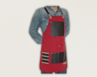 Red Unisex Apron-Extra Pocket Design Apron-Customized Apron-Barista-Hairdresser-Barbers-Tattooers-Chefs-Florist-Bartender-BBQ Lover-Utility