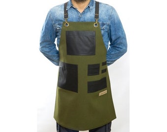 Extra Pocket Design Green Apron-Cross Back Adjustable Leather Straps-Heavy Duty-For Men and Women-Barista-Chefs-Florist-Bartender-Stylist