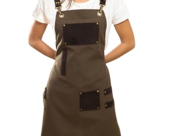 Brown Cross Back Apron with Pockets: Kitchen Cooking Gift