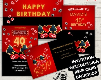 May include: Casino themed birthday party printable set. Includes a red and black invitation, welcome sign, RSVP card, and backdrop. The invitation features a red background with gold text and a black background with gold text. The welcome sign features a red background with gold text and a black background with gold text. The RSVP card features a red background with gold text and a black background with gold text. The backdrop features a red background with gold text and a black background with gold text.