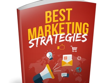 Puede incluir: Un libro rojo con el título "Best Marketing Strategies" en texto amarillo. La portada del libro presenta un megáfono, una bombilla, un carrito de compras, un icono de correo electrónico y un globo terráqueo.