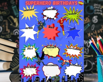 Classroom Bulletin, Superhero Birthday Poster, Classroom Decor, Classroom Poster, Superhero Birthday calendar, Teacher Gifts, Classroom art