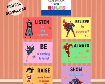 Classroom Rules Poster, Classroom decor, Wall Art, Classroom Bulletin, Superhero poster, Digital Download,Teachers Class, Digital Prints