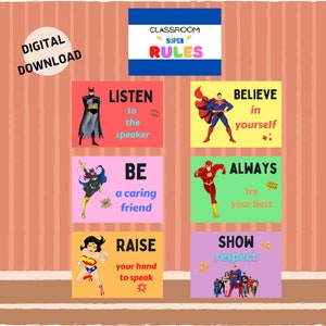 Classroom Rules Poster, Classroom decor, Wall Art, Classroom Bulletin, Superhero poster, Digital Download,Teachers Class, Digital Prints
