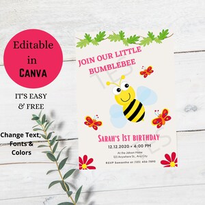First Bee-Day Birthday Invitation, Birthday party, Bee Birthday, 1st birthday party Invitation, Bumblebee theme, canva template,