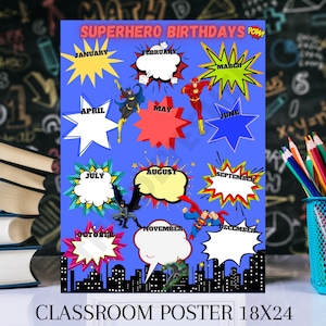 Boletín de aula, Cartel de cumpleaños de superhéroe, Decoración del aula, Cartel del aula, Calendario de cumpleaños de superhéroe, Regalos de maestros, Arte en el aula