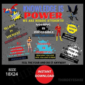 Superhero Classroom Bulletin, SuperHero Inspiration Bulletin, Knowledge is Power Poster, Classroom Decor, Digital Art Classroom Wall Art,
